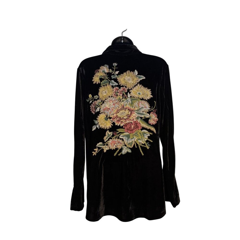Black Velvet Button-Up Shirt With Floral Embroidery By Paparazzi Size Large - Picture 6 of 14